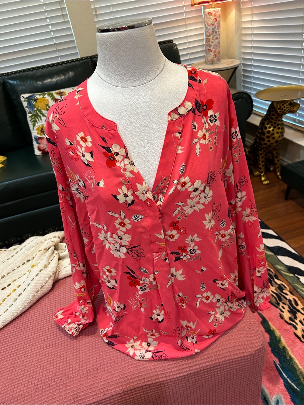Chelsea & Theodore Coral Floral Split-Neck Blouse